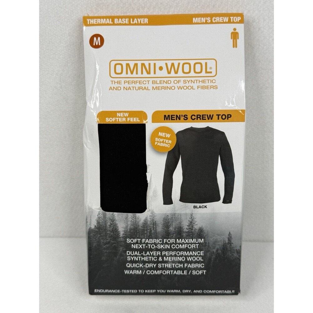 Men's Omni-Wool L/S Crew Top Black Thermal Base Soft Quick-Dry Size M 1115